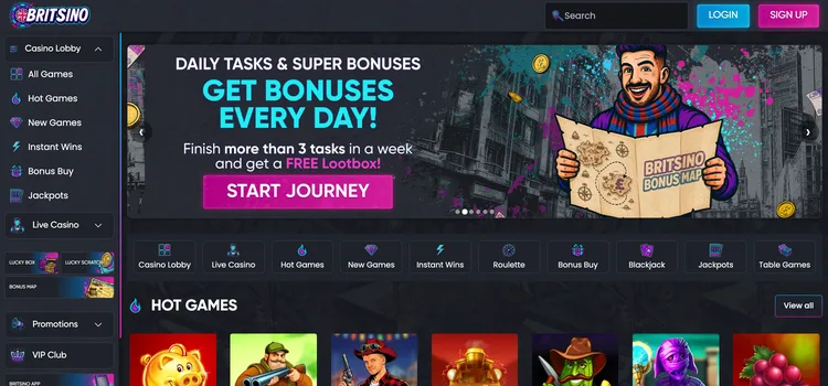 Britsino casino homepage showing the daily bonus tasks promotion